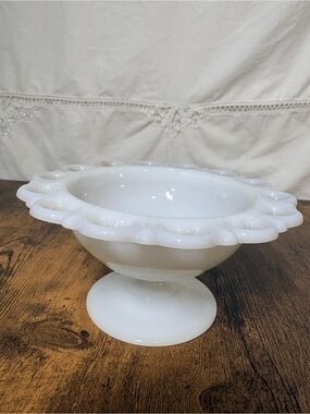 White Milk Glass Pedestal Bowl with Scalloped Rim